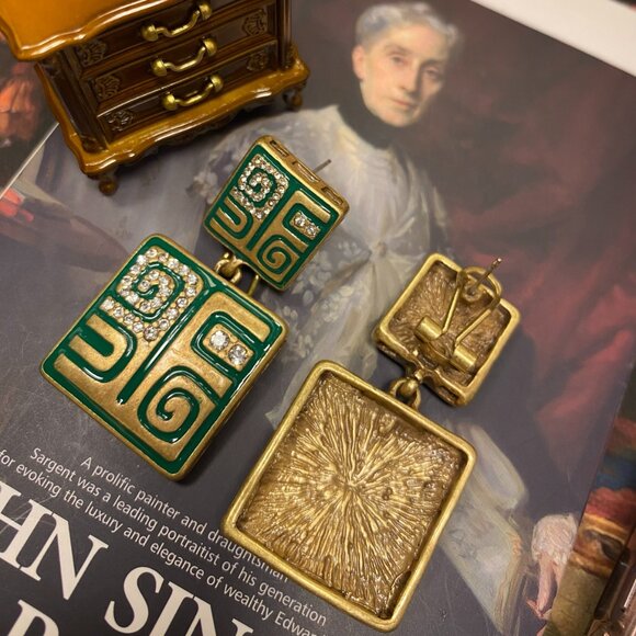 Vintage Gold Green Enamel Geometric Drops - Picture 2 of 5